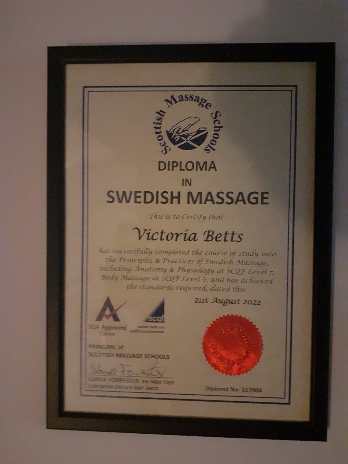 Victoria's framed Diploma in Swedish Massage from Scottish Massage Schools